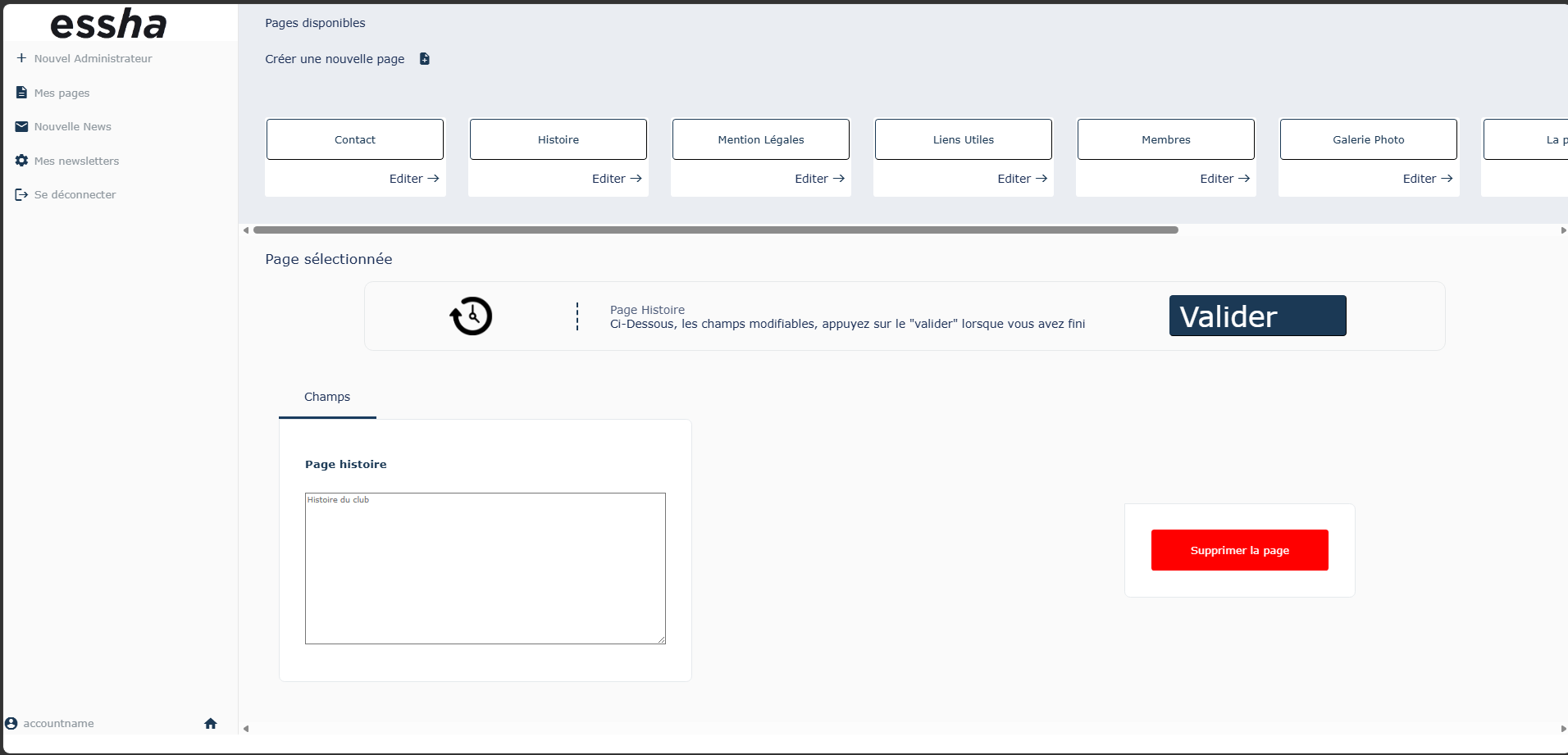 Page d'accueil du site Club de billard
